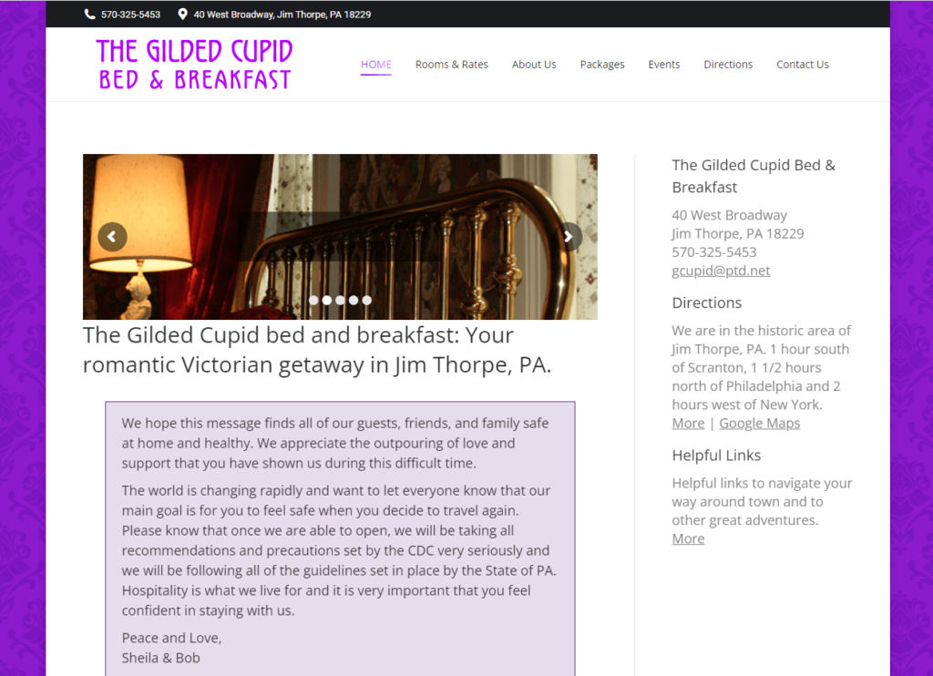 The Gilded Cupid Bed & Breakfast Homepage / https://www.gildedcupid.com/
Link: https://www.gildedcupid.com/